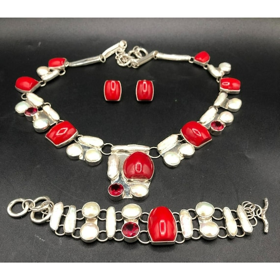 950 Sterling, Coral, Pearl, Garnet Set - Necklace,