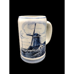 Vintage Hand-Painted Delft Blue Ceramic Mug Stein Windmill & Floral Design From Holland