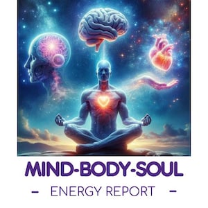 May include: A digital illustration of a person meditating with a glowing heart, brain, and a third eye. The background is a starry night sky. The text "MIND-BODY-SOUL - ENERGY REPORT -" is at the bottom of the image.