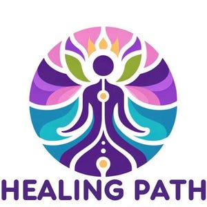 Puede incluir: Un logotipo morado, azul, verde y rosa con una persona estilizada en posici&oacute;n de loto. El texto "HEALING PATH" est&aacute; debajo del logotipo.