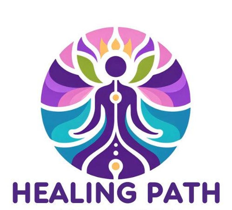Puede incluir: Un logotipo morado, azul, verde y rosa con una persona estilizada en posici&oacute;n de loto. El texto "HEALING PATH" est&aacute; debajo del logotipo.