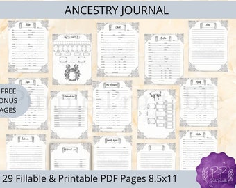 May include: A printable ancestry journal with 29 fillable pages, including family tree charts and space for notes. The journal is designed with a vintage aesthetic and features a black and white color scheme.