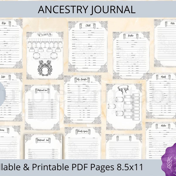 Familiegeschiedenisdagboek/genealogienotitieboekje, vooroudersplanner, werkbladbundel, familiewerkbladen, afdrukbare PDF