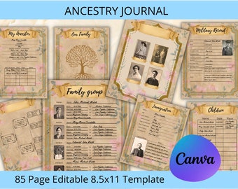 Familiegeschiedenis/afkomst boeksjabloon/stamboom aanpasbare genealogieboek/canva-sjabloon