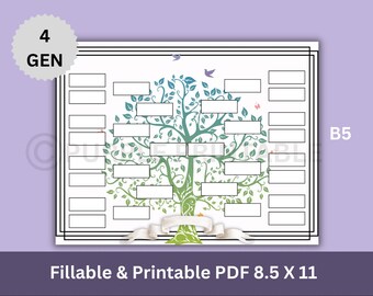 gráfico de linhagem B cor, gráfico ancestral, preenchível para impressão, árvore genealógica 4gen, modelo de genealogia digital