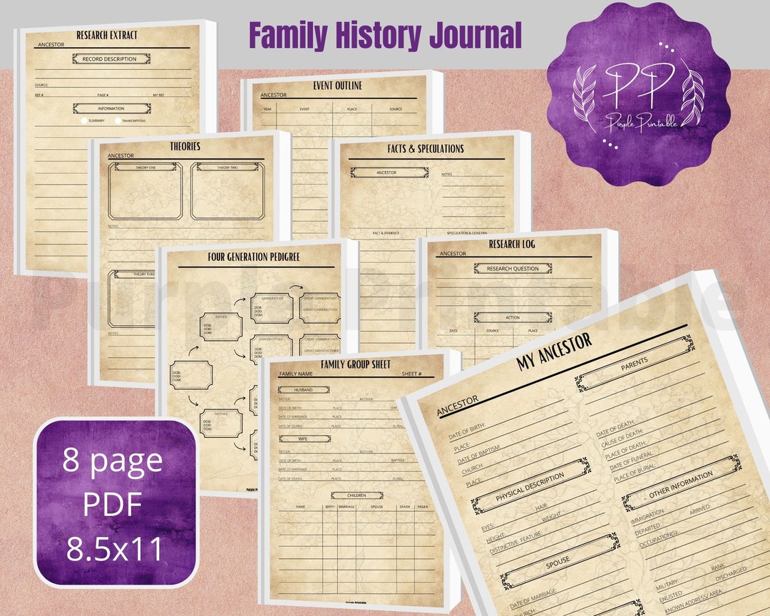 Family History Journal/ Genealogy Notebook, Ancestry Planner, Worksheet  Bundle,family Worksheets, Printable PDF 