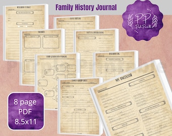 May include: An 8-page printable PDF journal for family history research. The journal includes pages for recording research extracts, theories, event outlines, facts and speculations, a four-generation pedigree, a family group sheet, a research log, and a page for recording information about an ancestor.