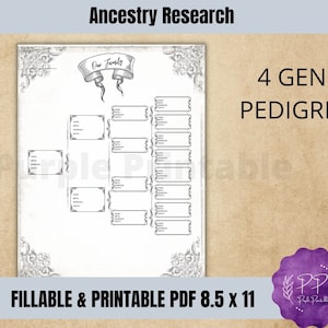Puede incluir: Un árbol genealógico de 4 generaciones imprimible en blanco y negro con un borde adornado. El gráfico está titulado "Nuestra familia" y tiene espacio para nombres, fechas y ubicaciones. El gráfico mide 8,5 x 11 pulgadas.