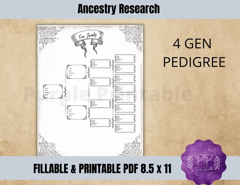 Pedigree Chart, Ancestral Chart PRINTABLE AND FILLABE, 4 Generation ...