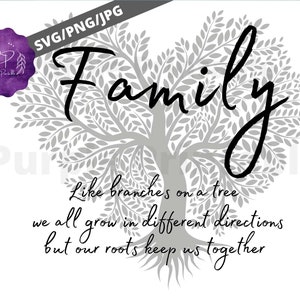 May include: A black and white graphic design of a tree with branches forming a heart shape. The word "Family" is written in cursive over the tree. The text below the tree reads "Like branches on a tree we all grow in different directions but our roots keep us together".