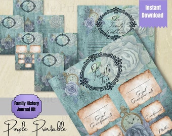 Könnte beinhalten: Druckbarer Familienstammbaum-Journal-Kit in einem lila und blauen Farbschema. Das Kit enthält Seiten für den Stammbaum, Traditionen und Urgroßeltern. Die Seiten zeigen ein Vintage-Blumendesign mit Rosen und Taschenuhren.