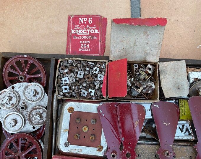 Vintage A C Gilbert Erector Set 6 in Wood Box With Propellers, Wheels