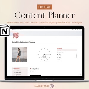 May include: A laptop computer displaying a website for a social media content planner. The website is titled "Social Media Content Planner" and features a clock, a to-do list, and a navigation menu. The laptop is on a light brown surface.