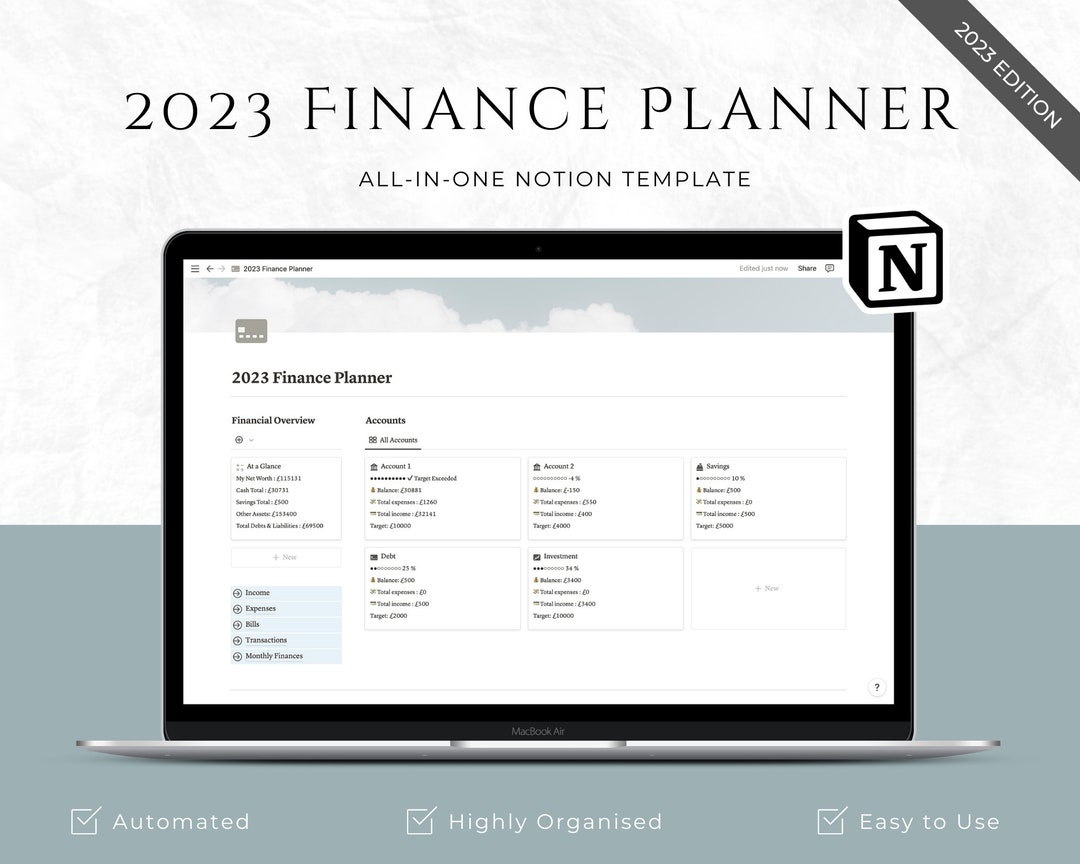 Notion Digital Finance Planner Template 2023 | Monthly Budget | Income ...