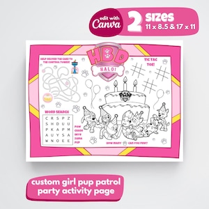 Girl Patrol Activity Page | Customizable Printable Pup Birthday Party Placemat | Pink Party Games Favors | Instant Download | Edit in Canva