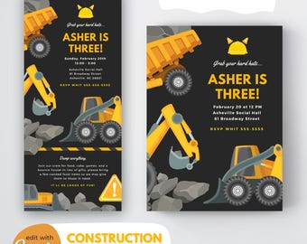 May include: Construction party invitation with a yellow excavator, dump truck, and hard hat on a black background. The text reads "Grab your hard hats... Asher is Three!" with the date, time, and location of the party.
