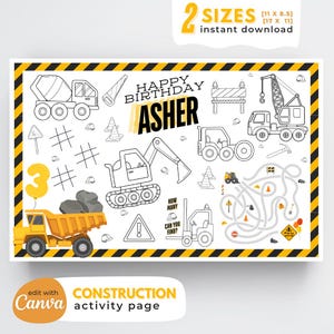 May include: A black and white printable construction themed activity page for a child's birthday party. The page features a variety of construction vehicles, including a cement mixer, a crane, a bulldozer, and a dump truck. The page also includes a maze, a counting activity, and a "Happy Birthday Asher" banner.