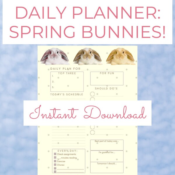 Daily spring bunnies printable planner for teens | Spring organizer page | PDF download | Spring-themed planner for tweens and teenagers