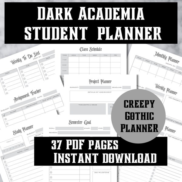 Dark academia student planner printable, goth printable student planner, gothic planner, spooky planner, creepy planner, goth planner insert