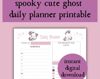 May include: Printable daily planner featuring a cute ghost with flowers on its head. The planner has a pink and white color scheme and includes space for scheduling and a top priority list. The text "instant digital download" is also included.
