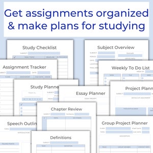 May include: A set of printable planner pages for students. The pages are designed to help students organize their assignments, study plans, and projects. The pages are in a light blue color scheme with white text.