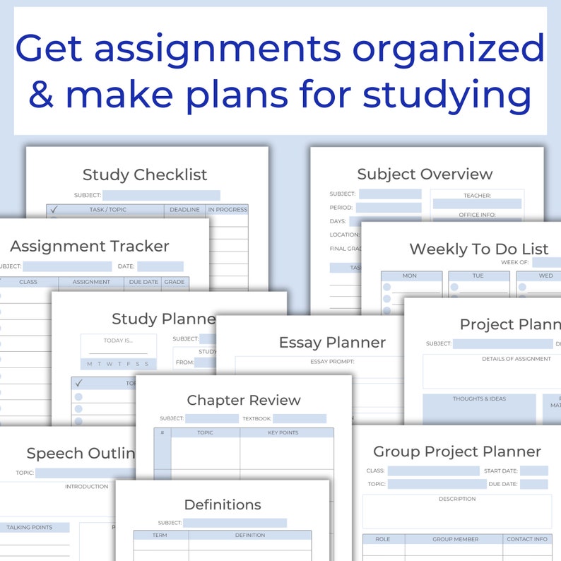 May include: A set of printable planner pages for students. The pages are designed to help students organize their assignments, study plans, and projects. The pages are in a light blue color scheme with white text.