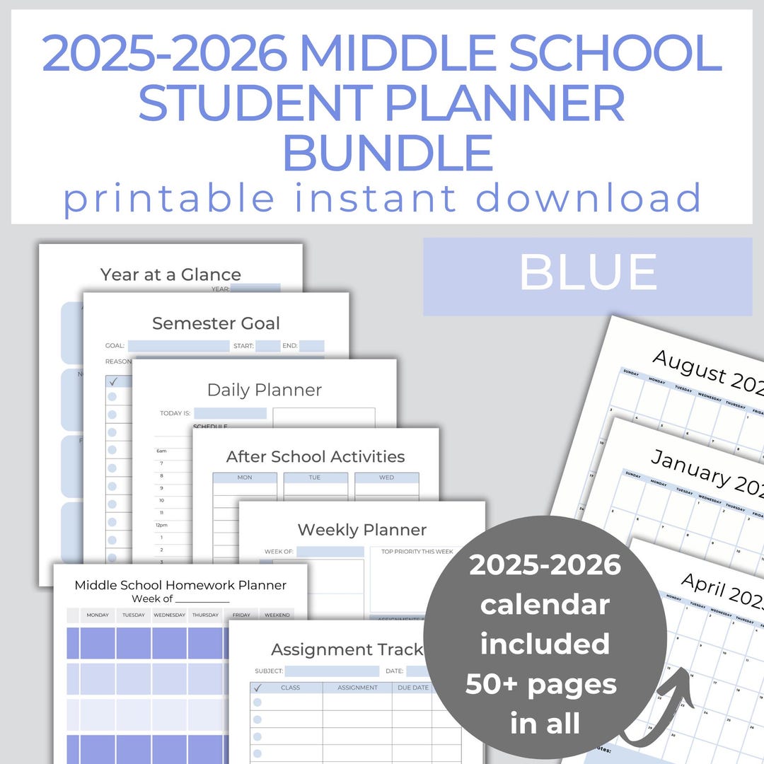 Middle School Planner Printable Bundle, School Calendar 2025-2026 ...