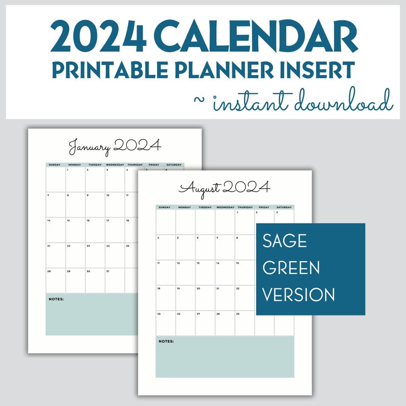 Sage Green Calendar 2024 Printable, Modern Calendar PDF, Simple