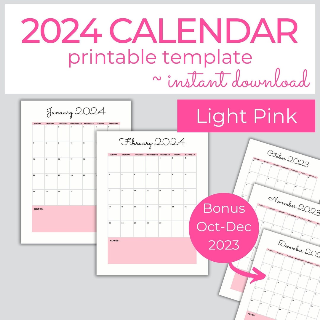 2024 Pretty Pink Calendar Printable Download, 2024 Calendar PDF, Dated ...