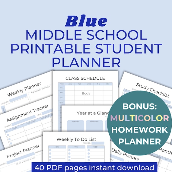Middle School Student Planner PDF, ADHD Middle School Planner Printable, Middle School Academics, Student Homework Planner for Tween