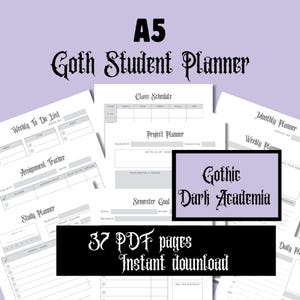 Gothic printable planner inserts A5, Dark Academia planner goth, High school middle school student planner for teens, A5 academic planner