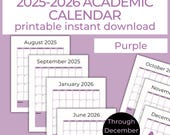 2025-2026 Academic Calendar Printable Purple, Pretty Printable Calendar Vertical, Dated Calendar School Year 2025-26, Student Monthly