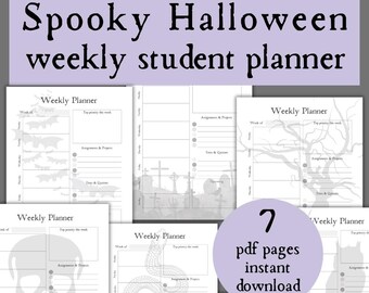 Spooky Halloween weekly student planner pages, Halloween weekly planner gothic, dark planner bundle printable goth, weekly school planner