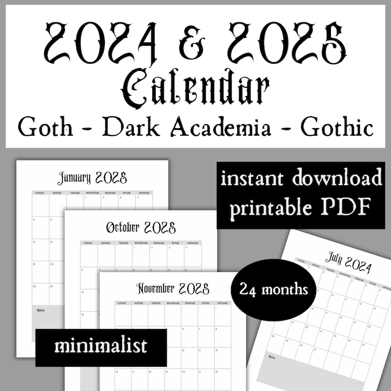 Gothic 2024 2025 Calendar Printable Download, Goth Calendar Planner