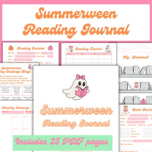 May include: A pink and white Summerween Reading Journal with a ghost illustration holding a book. The journal includes reading trackers, book reviews, and a reading challenge bingo. The text says "Includes 25 PDF pages."