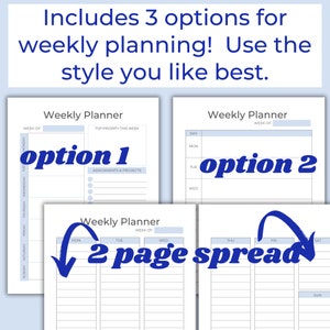 May include: Three different weekly planner layouts with the text "option 1", "option 2", and "2 page spread" highlighted in blue. The planners are designed for organizing tasks, appointments, and projects.