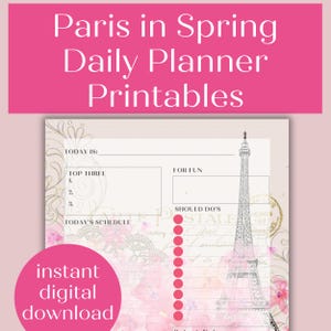 Eiffel Tower Paris in Spring Printable Daily Planner Page, Paris Themed Pink Daily Planner Inserts, Soft Girl Aesthetic Coquette Planner