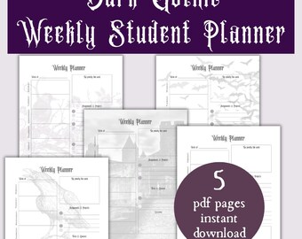 Dark gothic dashboard weekly student planner pages dark, spooky weekly planner gothic pdf, spooky planner printable goth academic planner