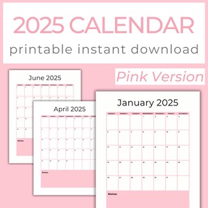 Printable Calendar 2025 Pink, Printable Pink Calendar Pages PDF 2025 Monthly Calendar Vertical Printable, Simple Pretty 2025 Calendar Binder