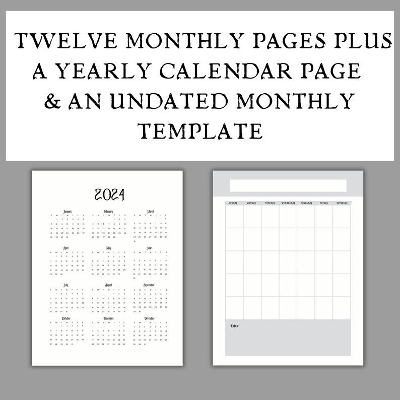 Dark Academia Planner Goth 2024 Calendar Printable Download 2024