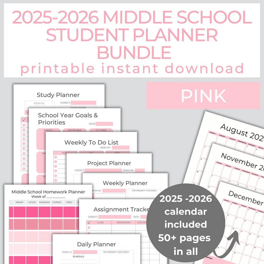 Middle School Planner for Student, Pink School Calendar 2025-2026 ...