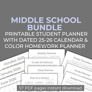2025 Middle School Planner Printable, Middle School Organization, Student Homework Planner for Tween, Middle School Student Planner Calendar