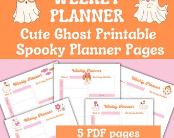 May include: Five printable weekly planner pages featuring cute ghost illustrations. The pages are pink and white with a peach background. The text "Weekly Planner" and "Top Priority This Week" are included on each page. The text "5 PDF pages Instant download" is also included.