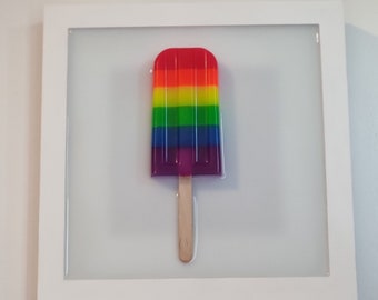 Regenbogen-Harz-Eisstangen-Wandkunst / Regenbogen-Eis am Stiel-Pop-Art im Upcycled-Rahmen / Eiscreme-Kunst