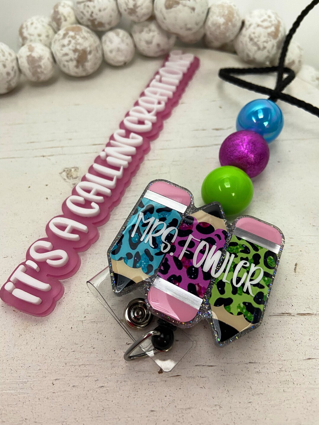 Animal Print Lanyard, Pencil Lanyard, Beaded Lanyard, Break Away, Neon