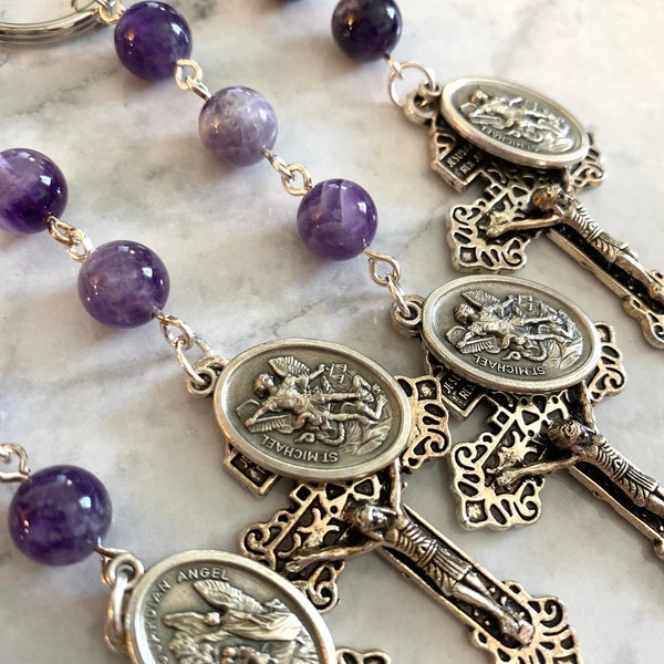 Rosary Keychain - Road Warrior Rosary Keychain - Purple Chevron Amethyst - St. Michael - Religious Keychain - Car Rosary