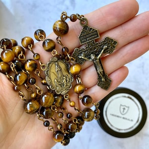 Brown Rosary - Pardon Crucifix - Durable Handmade in the USA - Tiger Eye Gemstone - Bronze Wire - Prayer Beads - Made in the USA
