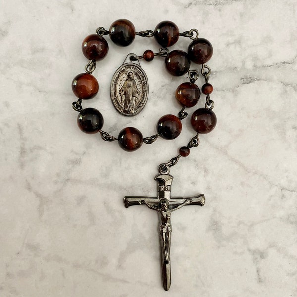 Mini Pocket Rosary - Decade Prayer Beads - Christian Catholic Devotional - Gunmetal crucifix - durable masculine Chaplet - red tiger eye