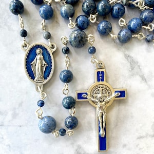 Blue Enamel St. Benedict Crucifix - Gemstone Rosary - Durable Handmade in the USA – Dumortierite Blue - Silver Plated Wire - Prayer Beads