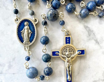 Blue Enamel St. Benedict Crucifix - Gemstone Rosary - Durable Handmade in the USA – Dumortierite Blue - Silver Plated Wire - Prayer Beads